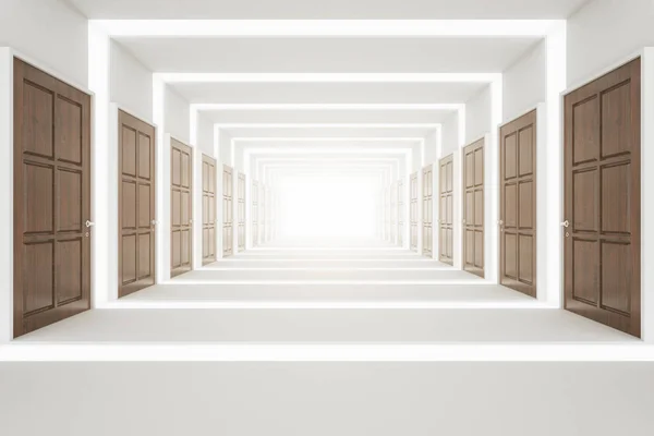 Front view of abstract corridor with many wooden doors. Choice concept. 3D Rendering — Stock Photo, Image