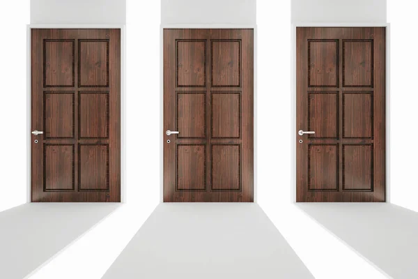Abstract corridor with three wooden doors. Choice concept. 3D Rendering — Stock Photo, Image