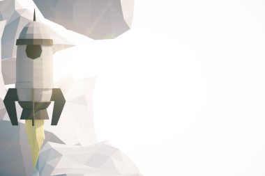 Soyut poligonal roket gemisi ve kopya alanı ile beyaz arka plan üzerinde bulutlar. Başlangıç kavramı. 3D Rendernig