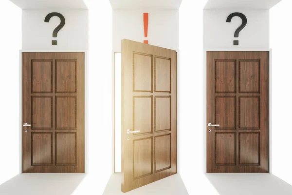 Abstract room with wooden doors, exclamation and question marks. Decision concept. 3D Rendering — Stock Photo, Image