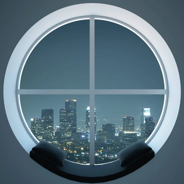 Fenêtre ronde avec vue sur la ville — Photo