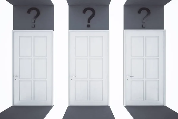 Streszczenie Pokój z białymi drzwiami i znaki zapytania. Pojęcie decyzji. renderowania 3D — Zdjęcie stockowe