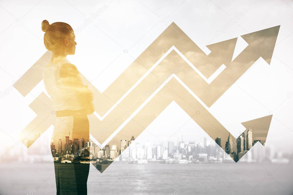Attractive female on abstract city background with business chart arrows. Double exposure. Success concept