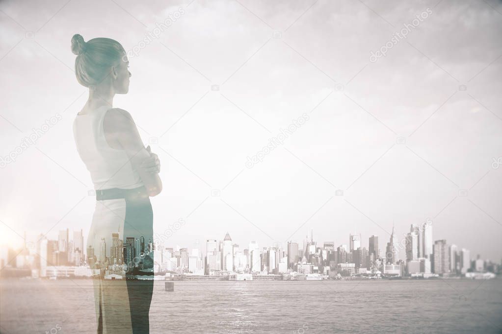 Attractive woman on city background