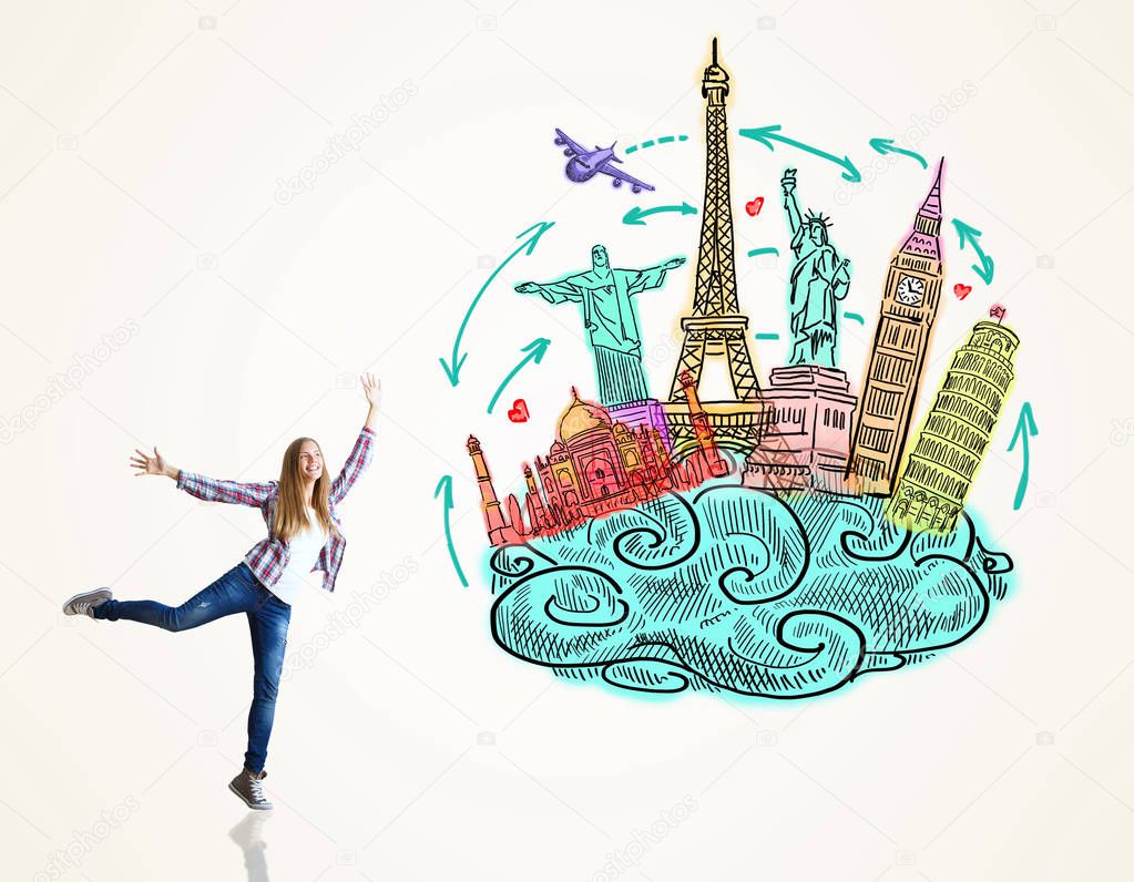 Happy jumping woman on light background with travel sketch. Traveling concept