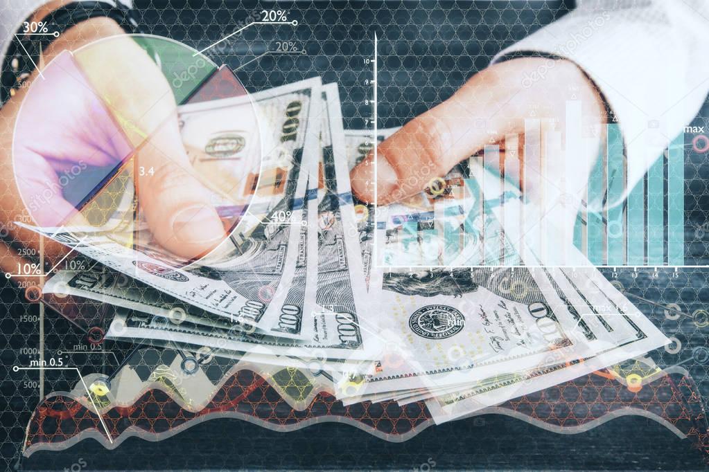 Abstract image of businessman counting dollar banknotes on forex background. Double exposure. Finance concept