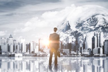 Arkadan görünüşü genç adam uzayda soyut cityscape bakarak. Çift pozlama. Araştırma kavramı. Nasa tarafından döşenmiş bu görüntü unsurları