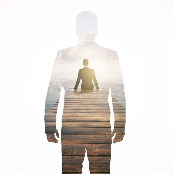 Back view of thoughtful man sitting on pier and looking into the distance. Research concept. Double exposure — Stock Photo, Image