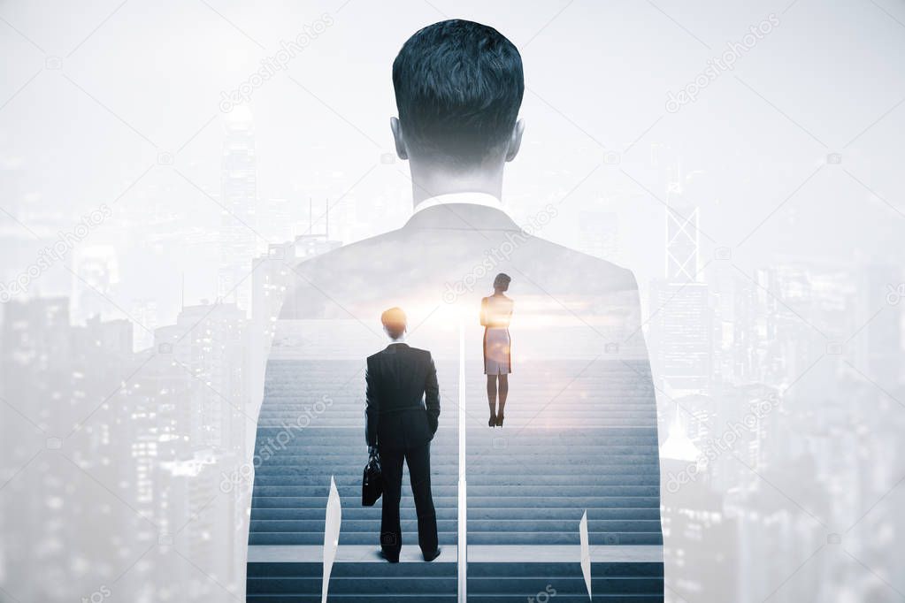 Abstract image of thoughtful businesspeople standing on concrete stairs with bright light. City background. Success concept. Double exposure