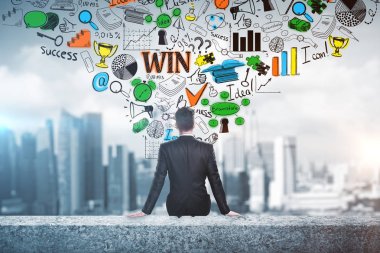 Beton çatı kenarında oturan ve yaratıcı iş kroki şehir özgeçmişlerine bakarak adam ile. Araştırma kavramı