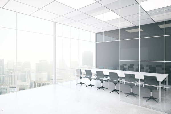 Side view of modern conference room with blank grey wall, concrete floor, city view and daylight. Mock up, 3D Rendering