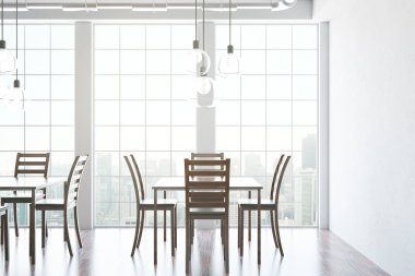 Cafe iç ile klasik masa, sandalye ve şehir manzaralı panoramik pencere. 3D render