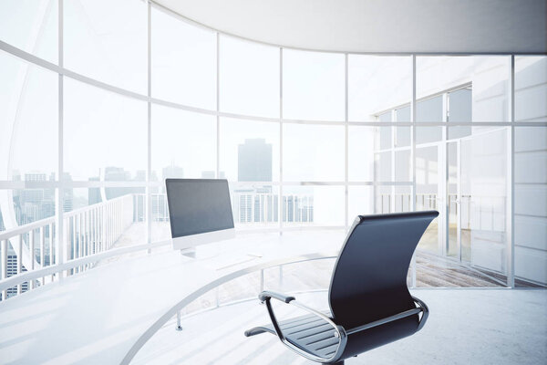 Modern office interior with blank computer screen on rounded table, chair and panoramic window with city view. Mock up, 3D Rendering