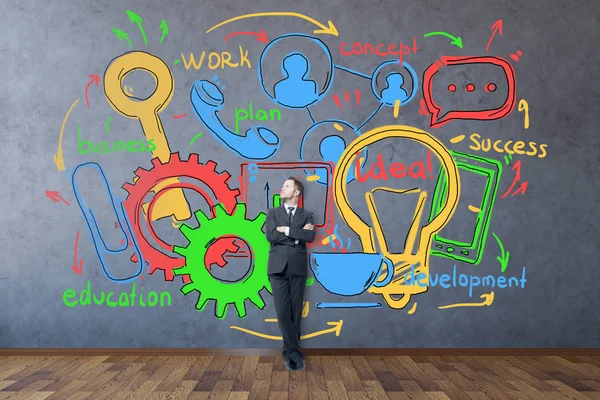 Homme d'affaires dans une pièce sombre avec un croquis d'affaires coloré. Concept de réussite. Rendu 3D — Photo