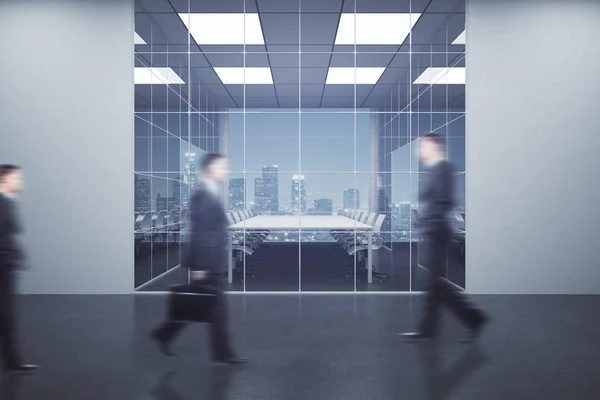 Empresarios borrosos caminando en una sala de conferencias de concreto. Concepto de rutina empresarial. Renderizado 3D — Foto de Stock