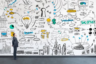 İç beton duvara iş çizimlerle arıyor işadamı yan görünüm. Araştırma kavramı. 3D render