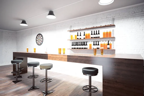 Seitenansicht des modernen Pub-Interieurs mit Theke, Hockern, Schnapsregalen, Deckenlampen, weißer Ziegelwand und Holzboden. Trinkkultur-Konzept. 3D-Darstellung — Stockfoto