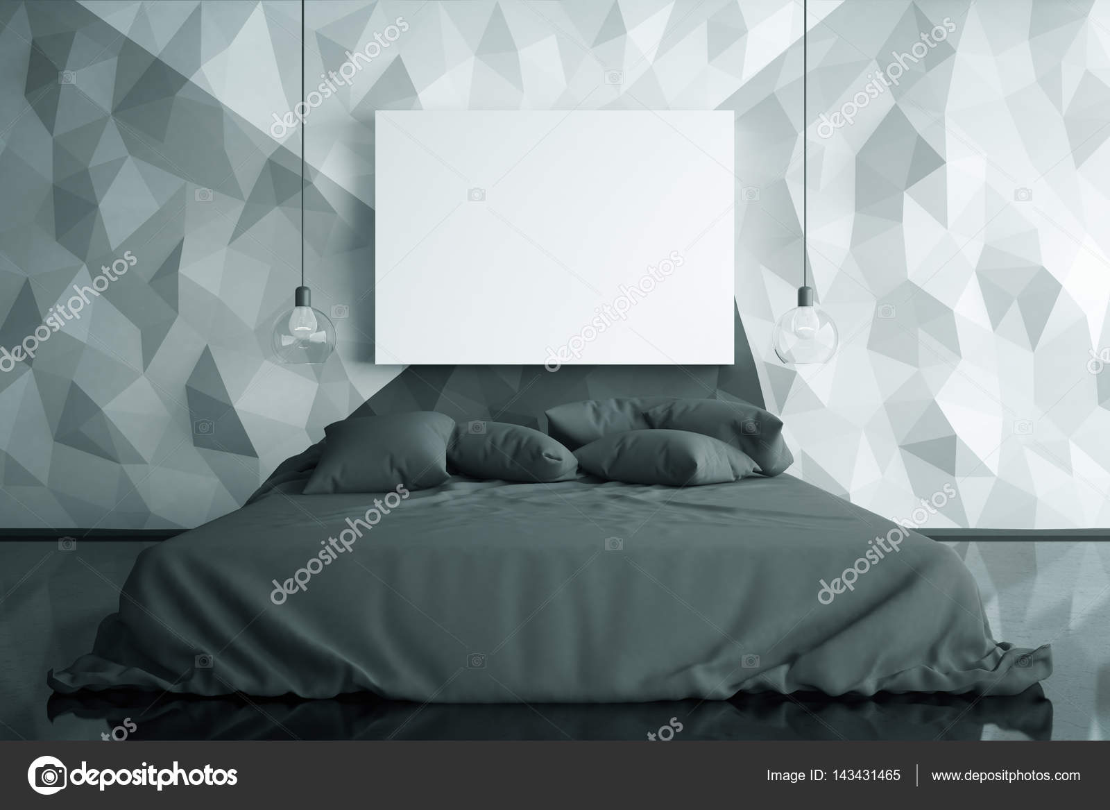 Modern Bedroom With Polygonal Wall And Blank Whiteboard