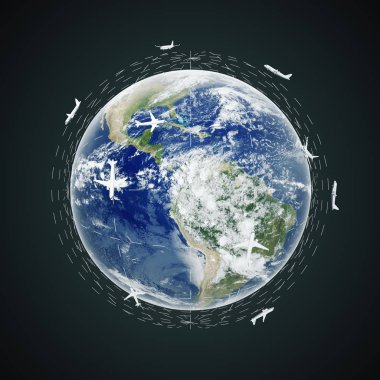 Karasal globe soyut uçaklarda her yerinde siyah arka plan ile. Kavram seyahat. Nasa tarafından döşenmiş bu görüntü unsurları. 3D render