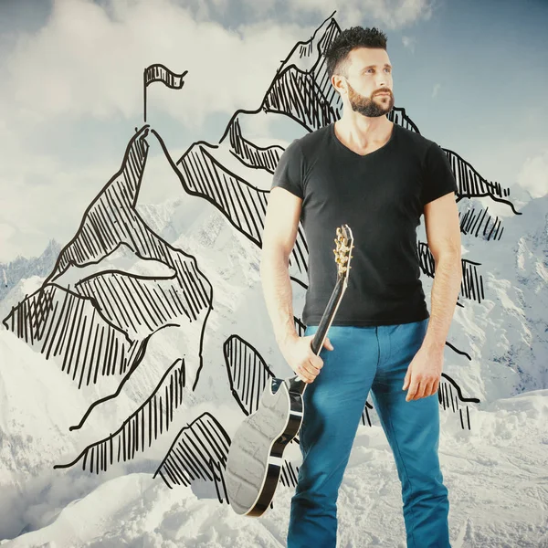 吉他与创造性山顶白人帅哥素描上冬季风景背景。Fame 概念 — 图库照片