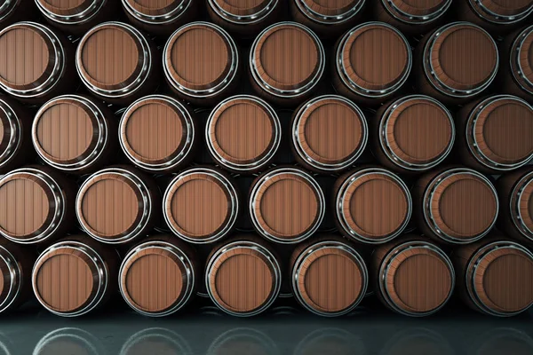 Barricas de vino de madera apiladas en bodega. Concepto bodega. Maquillaje, renderizado 3D — Foto de Stock