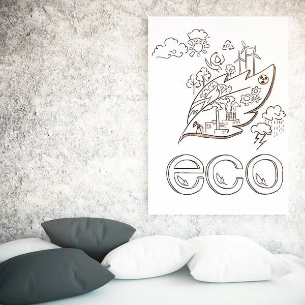 Close up van kussens en poster met eco schets op betonnen muur achtergrond. Begrip van de omgeving. 3D-rendering — Stockfoto