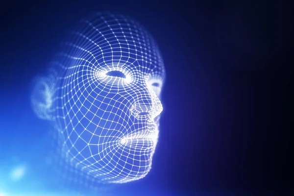 Primer plano del rostro humano digital abstracto sobre fondo azul con espacio de copia. Concepto de tecnología y robótica. Renderizado 3D —  Fotos de Stock