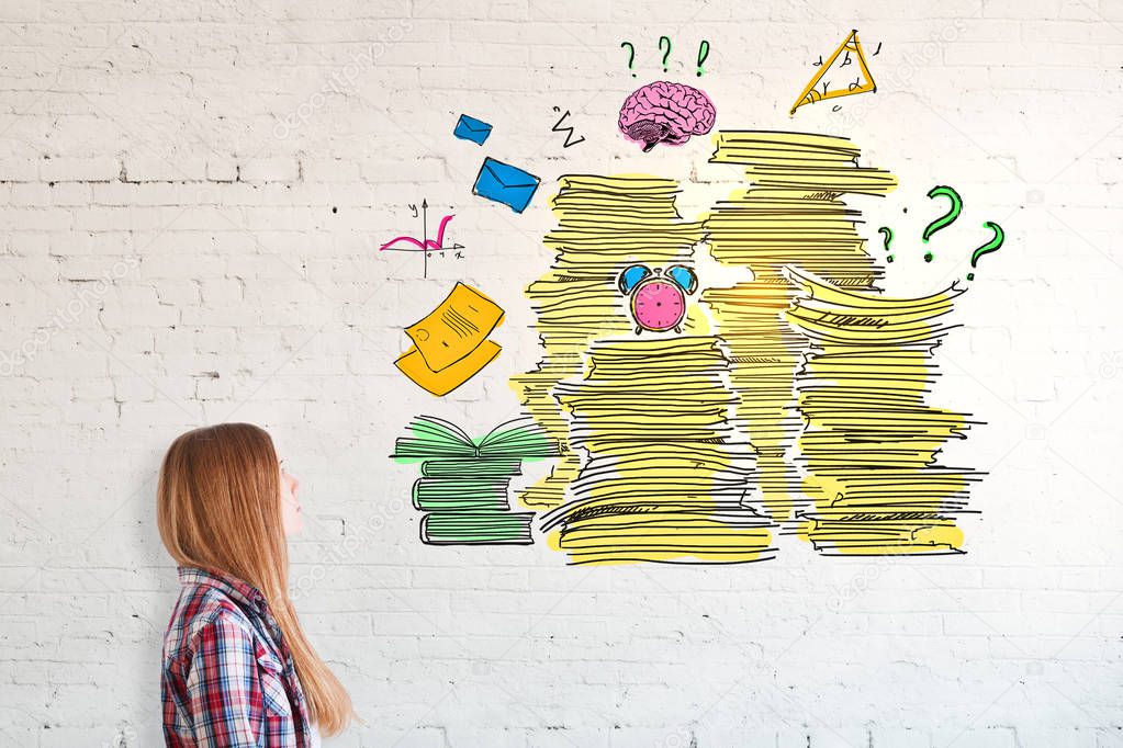 Girl with drawn paperwork pile on brick wall. Workload concept