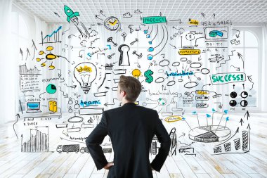 Düşünceli işadamı iç iş kroki arıyor. Liderlik kavramı. 3D render