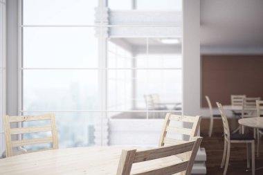 Oda ahşap zemin, masa ve sandalyeler ile yan görünüm ve şehir manzaralı. Cafe iç. 3D render