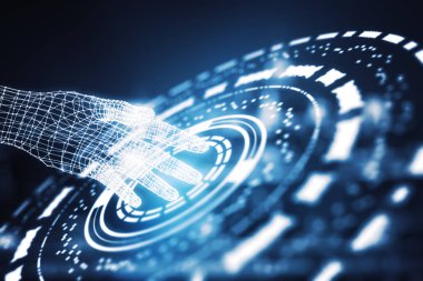 Soyut yuvarlak desen dokunmadan dijital insan eli. Mavi arka plan. Robot kavramı. 3D render