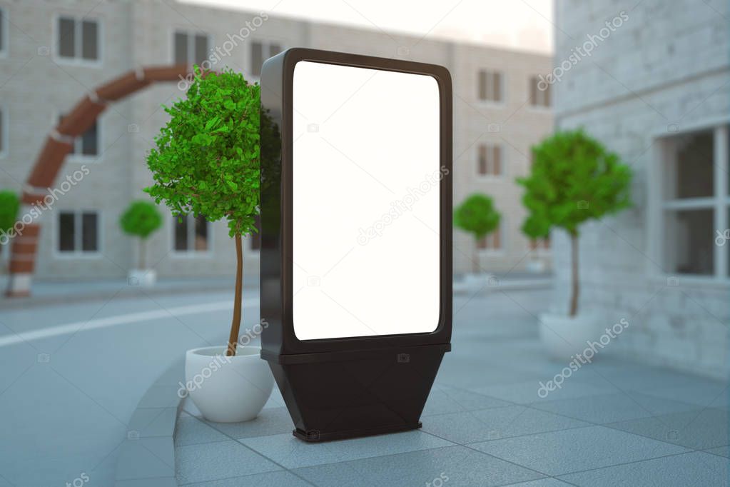 Side view of blank billboard on beautiful street with trees. Ad concept. Mock up, 3D Rendering