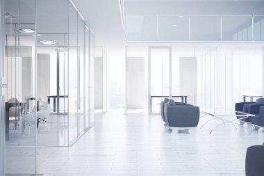 Modern ofis iç çalışma alanı, bekleme yeri, şehir manzaralı ve gün ışığı. 3D render