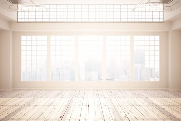 Luminoso interno con pareti in cemento, pavimento in legno e finestre incorniciate con vista sulla città e luce solare. Ufficio non arredato. Rendering 3D — Foto Stock