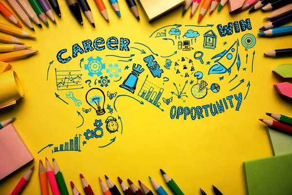 Top view of yellow desktop with colorful supplies and creative business sketch. Career concept — Stock Photo, Image