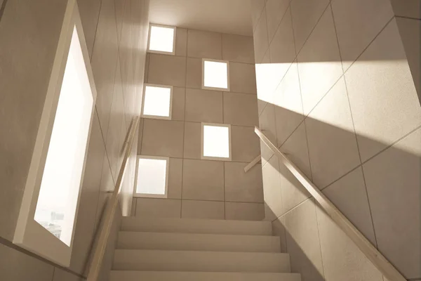Abstraktní konkrétní interiér s výhledem na město, schody a denní světlo. Tónovaný obrázek. Koncept růst. 3D vykreslování — Stock fotografie