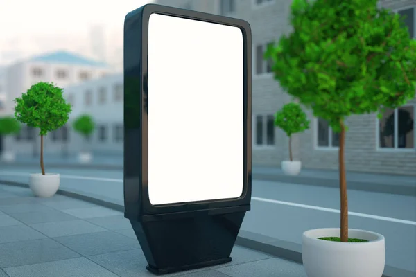 Side view of blank ad stand on beautiful street with trees. Advertisement concept. Mock up, 3D Rendering