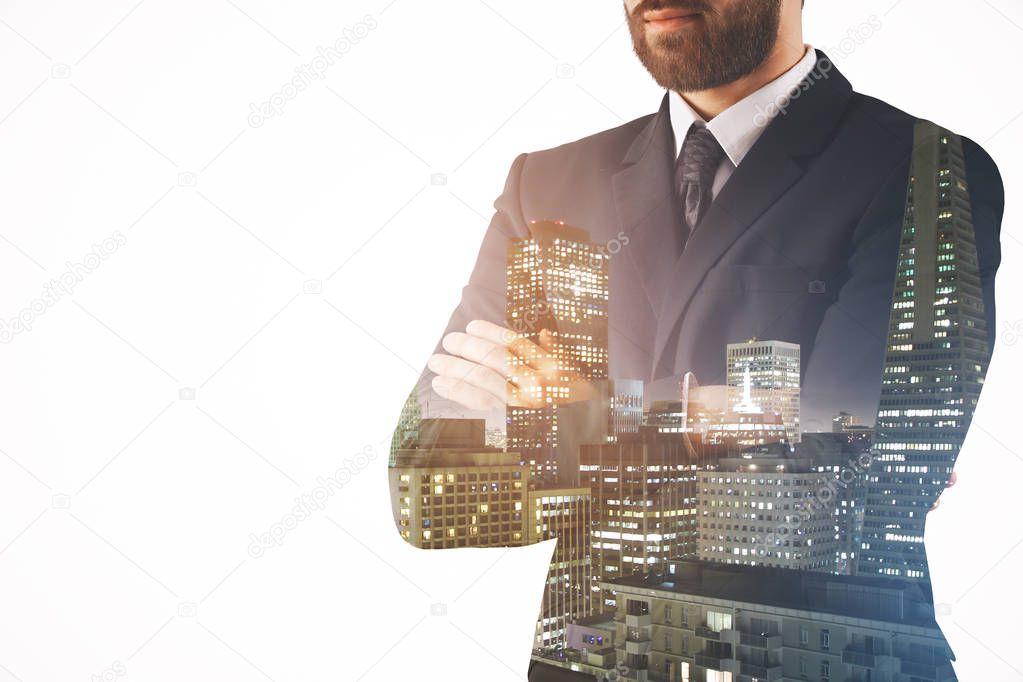 Man on city background