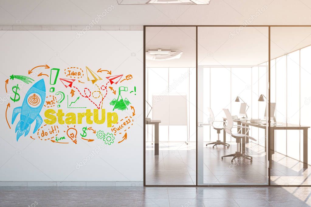 Modern office interior with colorful rocket ship sketch on concrete wall. Startup concept. Toned image. 3D Rendering