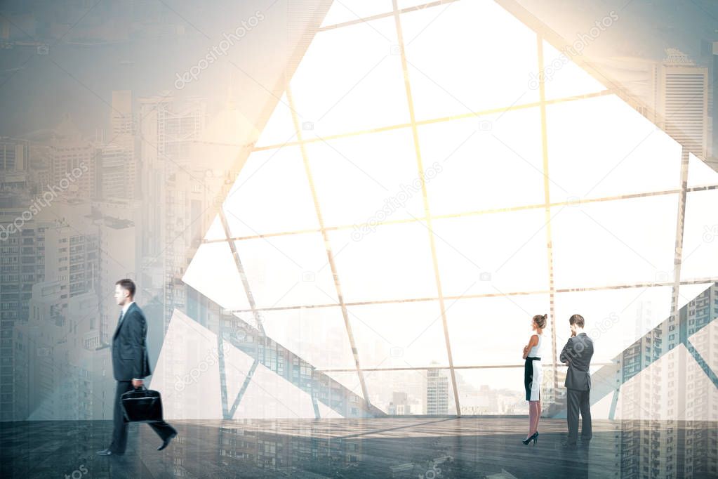 Young businessmen and women in office building with city view and sunlight. Double exposure. Corporation concept