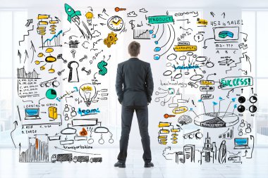 Arkadan Görünüm genç işadamı parlak arka plan iş kroki ile arıyorum. Liderlik kavramı. 3D render