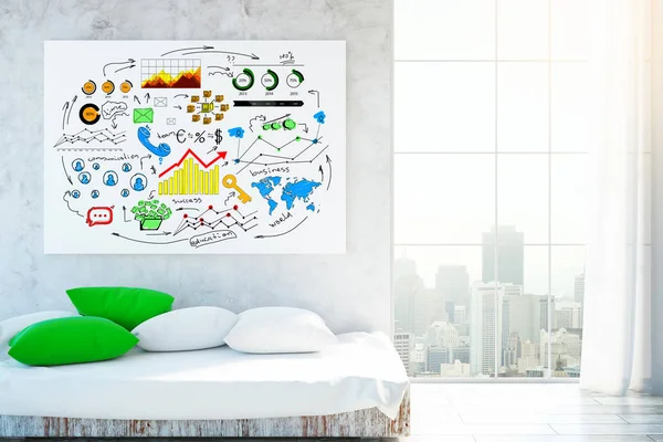 Modernes Interieur mit Kissen auf der Couch, Stadtblick und Businessskizze auf Whiteboard. Erfolgskonzept. 3D-Darstellung — Stockfoto