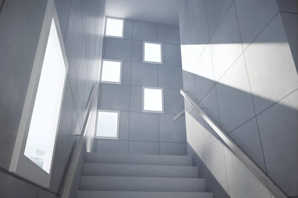 Abstraktní konkrétní interiér s výhledem na město, schody a denní světlo. Úspěch konceptu. 3D vykreslování — Stock fotografie