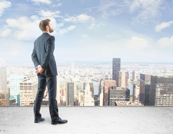 Back view of young businessman standing on rooftop and looking into the distance. City view. Research concept Stock Picture