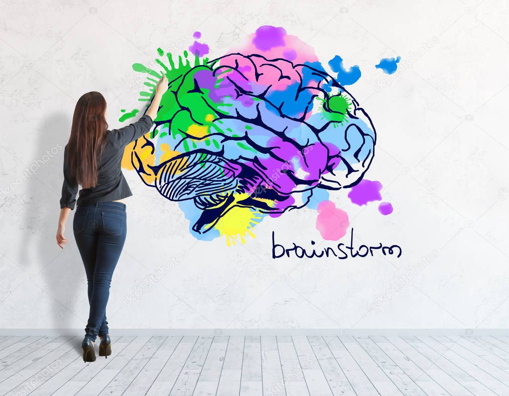 Back view of young woman drawing colorful business sketch on concrete wall. Brainstorm concept. 3D Rendering