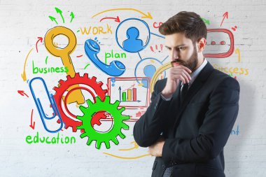 İş tuğla zemin üzerine düşünceli Avrupa işadamı portresi kroki. 