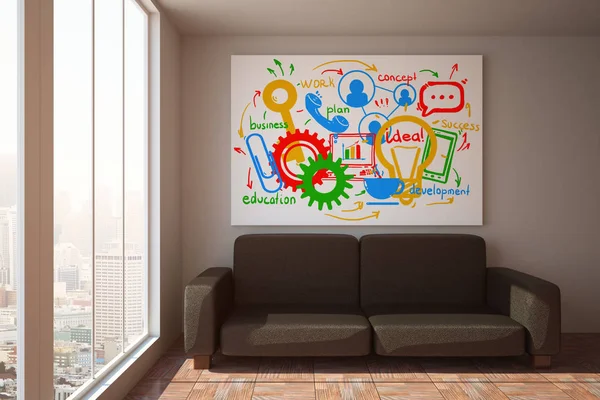 Vista frontal del sofá en la habitación con vista a la ciudad, la luz del sol y el boceto de negocios en el cartel . —  Fotos de Stock