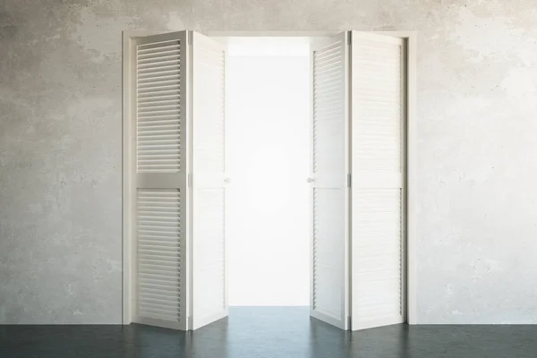 Açık kapılar beton iç parlak ışık ile. Cennet kavramı. 3D render — Stok fotoğraf