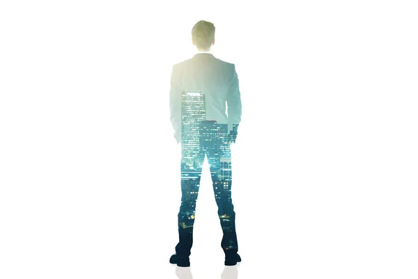 Back view of young businessman on night city background with copy space. Employment concept. Double exposure — Stock Photo, Image