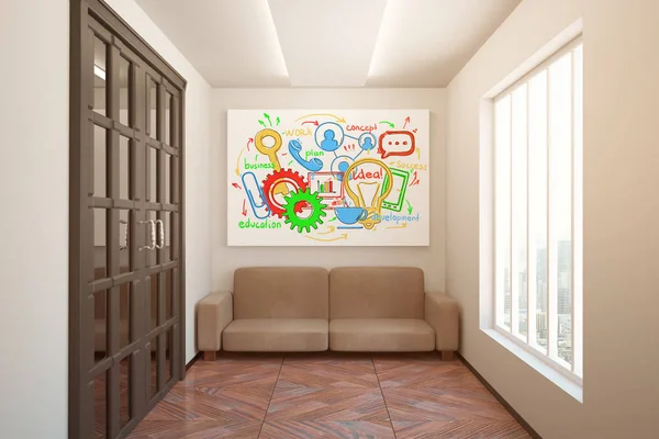 Interior con puertas de madera, sofá, boceto de negocios y boceto de la ciudad. Concepto de trabajo en equipo. Renderizado 3D —  Fotos de Stock